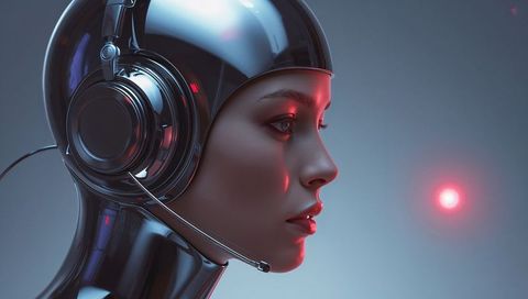 Female Android Listening with Chrome Helmet and Headset toward Red Orb, Futuristic AI