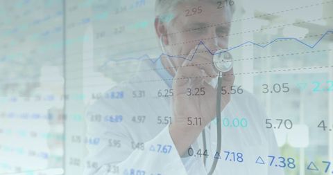 Mature physician using stethoscope examining digital health data overlay and charts
