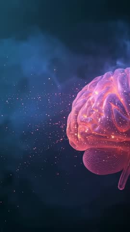 Pulsing brain drifting particle pathways in nebula vertical neural technology animation