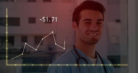Smiling Doctor with Stethoscope and Data Graph Overlay