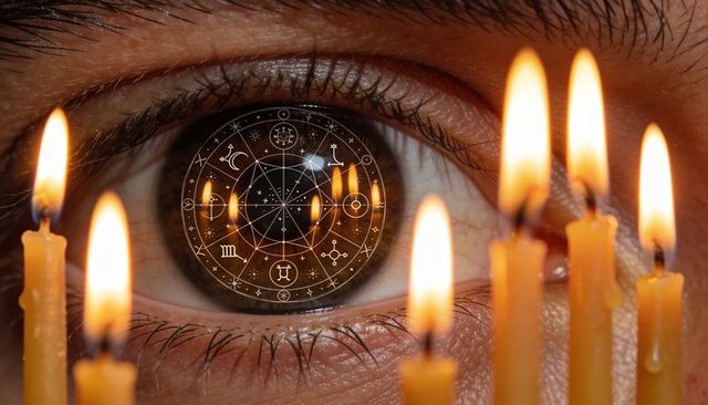 Gazing eye reflecting zodiac wheel with flickering candles, mystical astrology concept