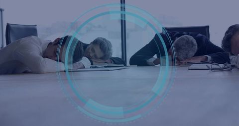 Executives resting heads at conference table with futuristic hud overlay