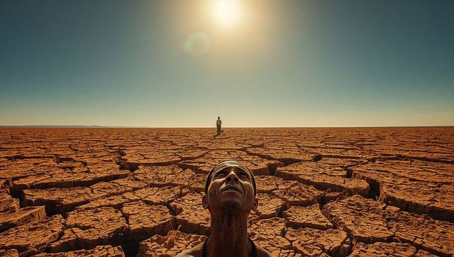 Man Gazing Upward in Arid Desert Scene with Lens Flare