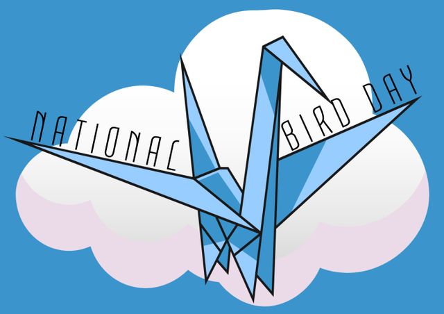 Digital composite image of national bird day text with origami against cloud on sky. awareness and symbol.