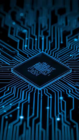 Vertical tech video: Microprocessor pulsing blue data nodes across intricate circuit board