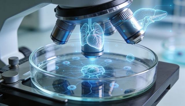 Microscope projecting holographic cell network and organs over petri dish for biotech