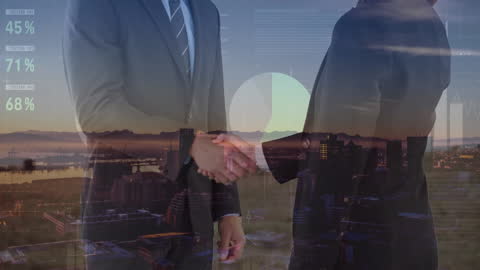 Businesspeople Shaking Hands Over Cityscape Infographic Interface