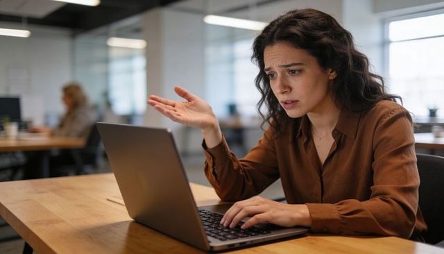 Frustrated professional woman gesturing while typing on laptop in modern open-plan office