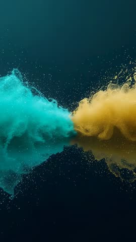 Teal and Gold Pigment Clouds Colliding and Shedding Particles in Vertical Studio Motion