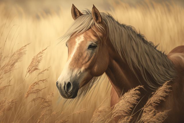 Brown horse standing in field, created using generative ai technology. Nature, horse, animal and wildlife concept digitally generated image.