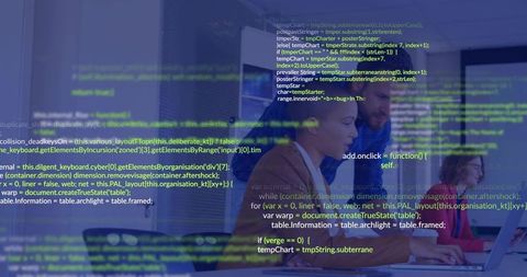 Team of Developers Collaborating Over Laptop with Code Overlay, Programming and Software