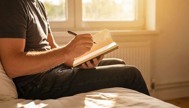 Adult male writing journal on sunlit bed near window, cozy morning reflection