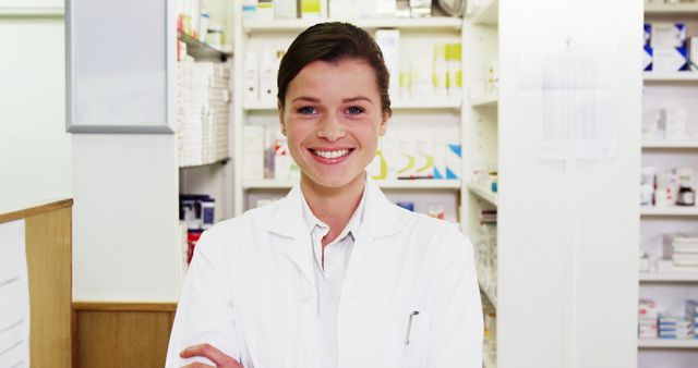 Portrait of pharmacist standing with arms crossed in pharmacy