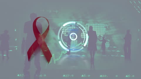Silhouetted Businesspeople with Red Ribbon and Data Visualization