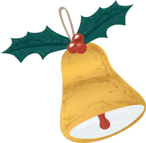 This digital illustration features a festive golden bell decorated with holly leaves and red berries. The transparent background offers versatile design options, making it perfect for seasonal greeting cards, holiday invitations, festive decor, and digital crafts. Its vibrant colors and classic design epitomize traditional holiday themes.