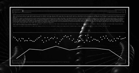 Visualizing data flow on futuristic dark dashboard with 3d dna helix and minimalist graph