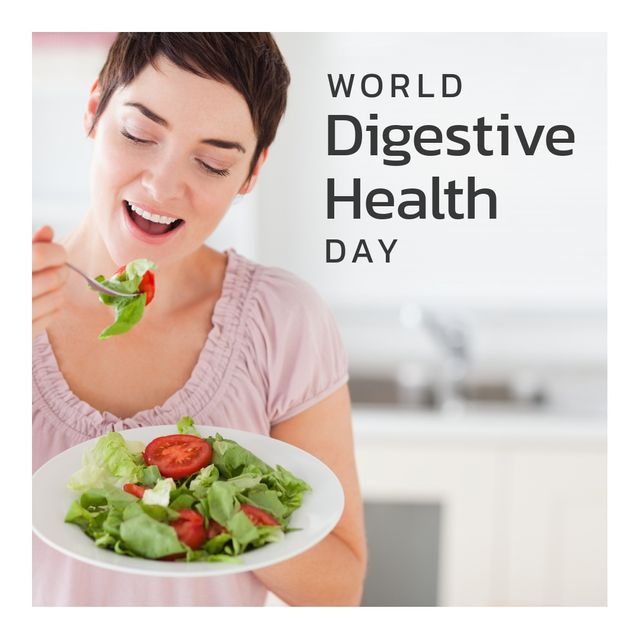 Digital composite image of world digestive health day text by smiling caucasian woman eating salad. healthy eating and lifestyle concept.