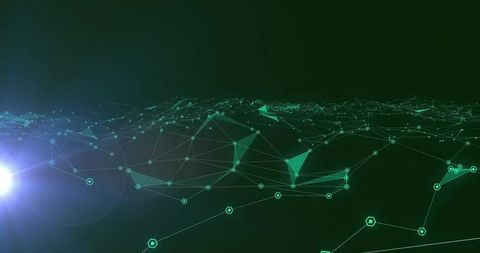 Teal Network Mesh with Glowing Nodes and Horizon Wireframe for Technology Background
