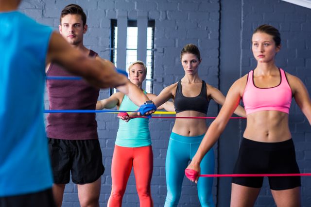 Male and female athletes looking at trainer while exercising with resistance band