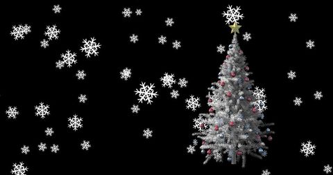 Festive Christmas Tree with Falling Snowflakes on Dark Background