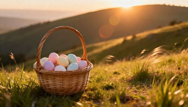 Pastel easter eggs in wicker basket on sunlit meadow at golden hour, rustic spring