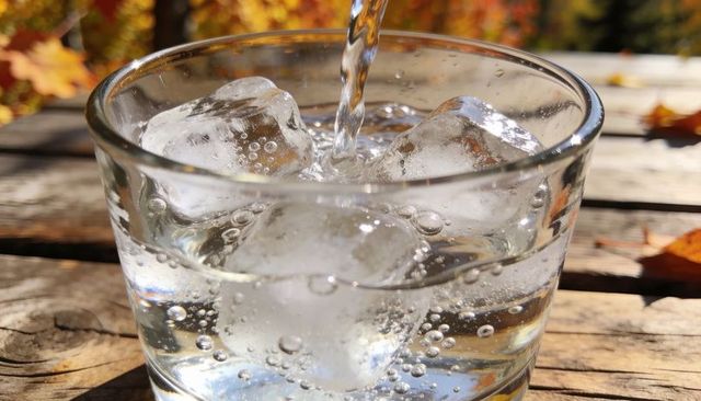 Closeup pouring sparkling water over ice in tumbler on rustic wooden table with autumn leaves
