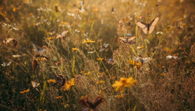 Butterflies fluttering over sunlit wildflower meadow, golden-hour backlit wings and bokeh