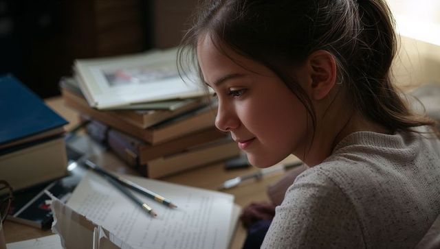 Teen girl studying at sunlit desk with notebooks and pencils, calm home study moment