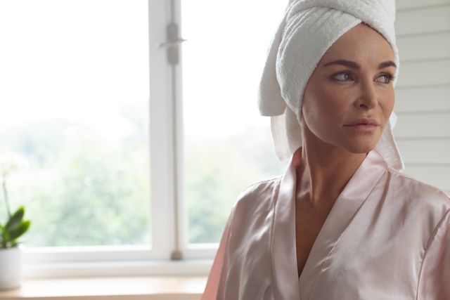 This image shows a woman standing in a bathroom, wearing a silk robe and a towel wrapped around her head. She appears relaxed and is looking out of the window, which allows natural light to fill the room. This image can be used for promoting skincare products, beauty routines, self-care tips, or home lifestyle content.