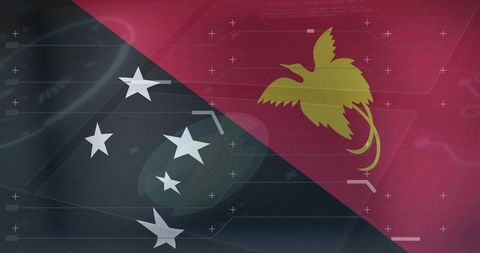 Broadcast flag graphic with diagonal crimson and onyx fields, golden bird and five stars