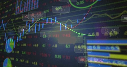 Analyzing neon market dashboard with candlestick charts, tickers and social trading signals