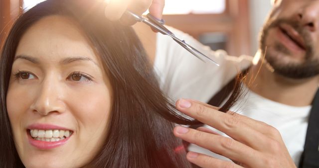 Smiling Woman Getting Haircut at Salon - Download Free Stock Images Pikwizard.com