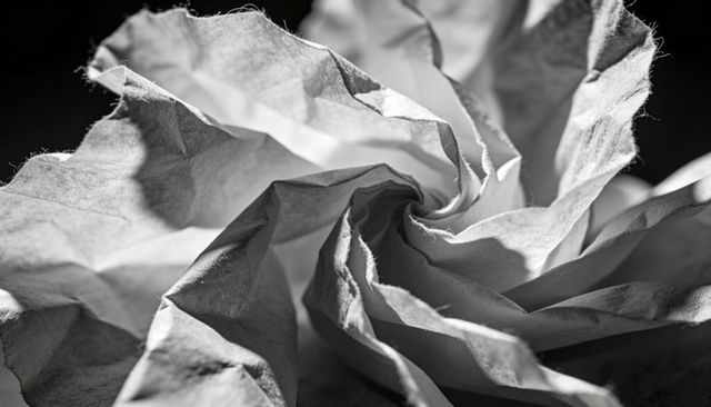 Crumpling paper spiral revealing fibrous texture and sharp creases in monochrome macro
