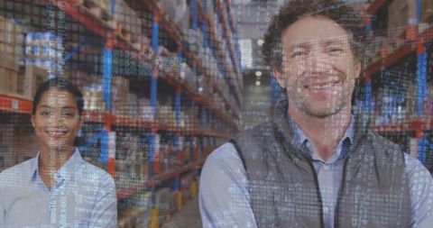 Diverse Warehouse Team Amidst Digital Data Overlay