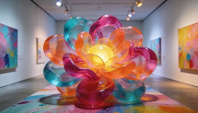 Glowing multicolor glass flower sculpture on painted pedestal, contemporary gallery centerpiece