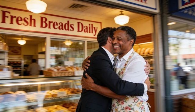 Local baker welcoming returning customer with warm hug at neighborhood bakery counter