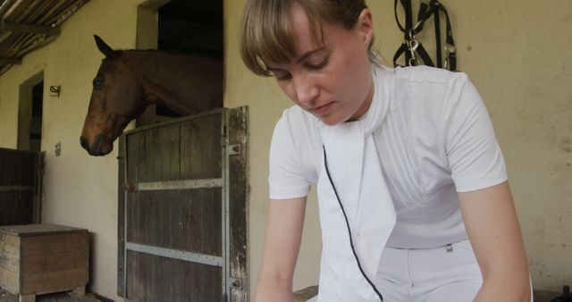 Woman in white equestrian uniform prepares gear before riding a horse in stable. Adds authentic and engaging support to articles or blogs on equestrian sports, horse care tips, rural life, or stable and ranch management.