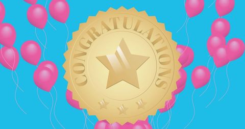 Congratulations medal with pink balloons on blue background