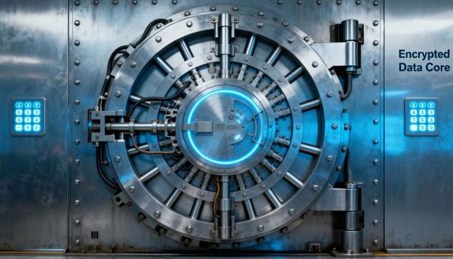 High-security cyber vault door with glowing cyan hub and dual keypads