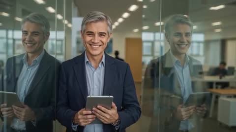 Professional Man Smiling at Tablet Notification in Corporate Office