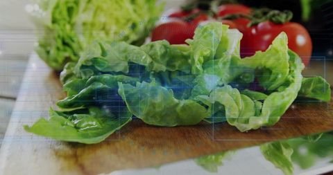 Showing fresh lettuce and tomatoes on wooden cutting board with blue hud overlay, closeup