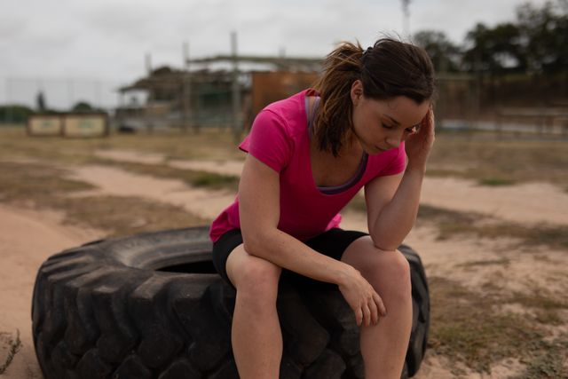 Caucasian woman in pink t-shirt sitting on a large tire, appearing stressed and tired during an outdoor boot camp training session. Ideal for use in fitness, health, and wellness content, emphasizing the challenges and perseverance in physical training.