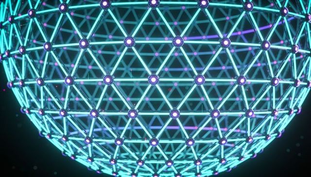 Glowing geodesic sphere with neon triangular lattice, cyan-teal tubes and violet nodes