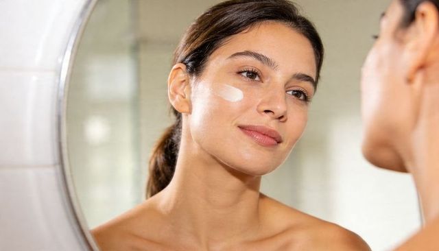 Applying daily moisturizer during morning skincare routine reflecting in round mirror