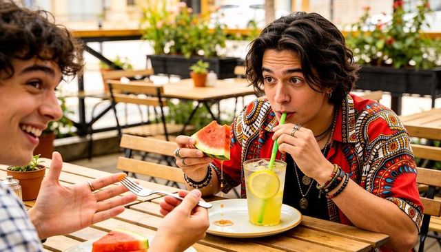 Teen friends enjoying watermelon and lemonade at urban cafe patio during summer brunch