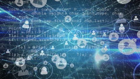 Abstract Tech Network with People Icons and Data Processing Elements