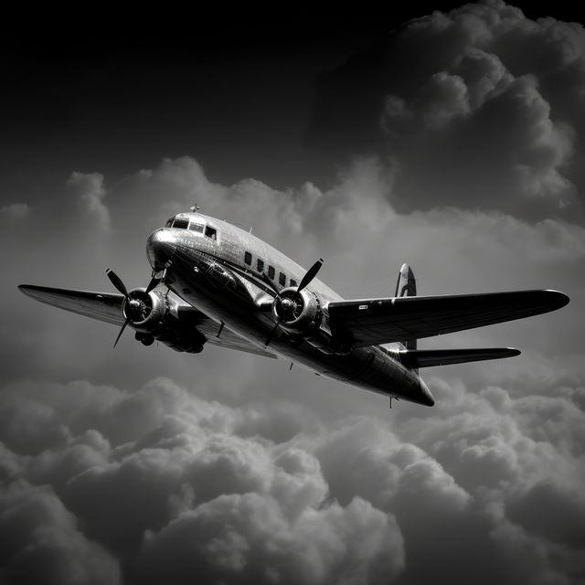 Retro airplane from early aviation eras flying through dramatic, cloudy sky. Suitable for use in aviation history articles, retro-themed advertisements, or as wall art for aviation enthusiasts.
