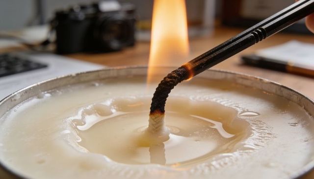 Lighting charred wick on melting cream candle with warm flame and cozy home desk ambiance