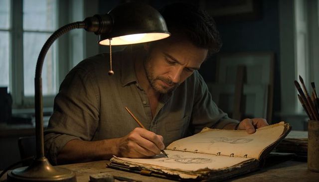 Focused Studio Artist Sketching Vintage Sketchbook Under Warm Brass Lamp, Creative Practice