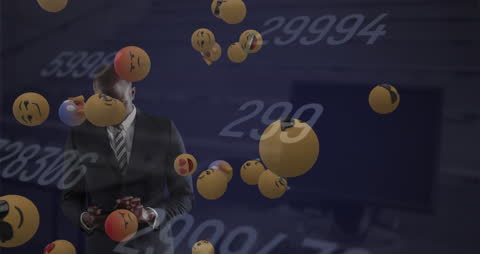 Emoticons and Numbers Surpassing Businessman with Smartphone
